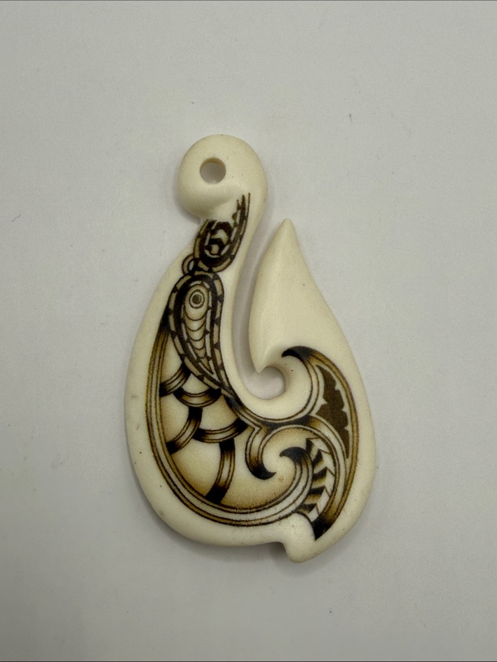 Vintage Ivory Colored Fish Hook Scrimshaw Statement Pendant